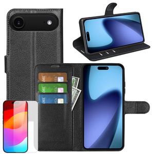 F�r Apple iPhone 17 Air Kunstleder Wallet H�lle Schwarz + 9H Hart Glas