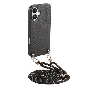 F�r Apple iPhone 17 Carbon Design Leder H�lle mit Umh�ngeband Schwarz