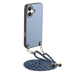 F�r Apple iPhone 17 Carbon Design Leder H�lle mit Umh�ngeband Blau