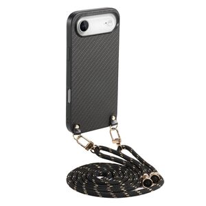 F�r Apple iPhone 17 Air Carbon Design Leder H�lle Umh�ngeband Schwarz