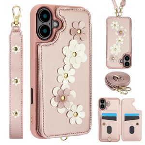 F�r Apple iPhone 17 H�lle Crossbody Kunstleder Blumenmuster Rose Gold