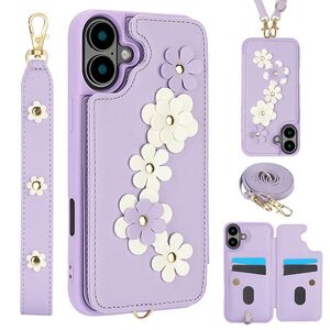 F�r Apple iPhone 17 H�lle Crossbody Kunstleder mit Blumenmuster Lila
