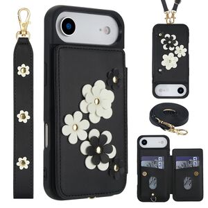 F�r Apple iPhone 17 Air Crossbody Kunstleder Blumen H�lle Schwarz
