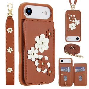 F�r Apple iPhone 17 Air Crossbody Kunstleder Blumenmuster H�lle Braun