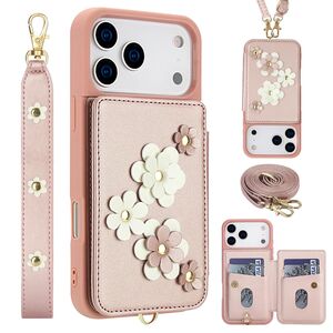 F�r Apple iPhone 17 Pro Crossbody Kunstleder Blumen H�lle Rose Gold