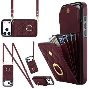 F�r Apple iPhone 17 Pro Max Crossbody Kunstleder Rhombic H�lle Weinrot