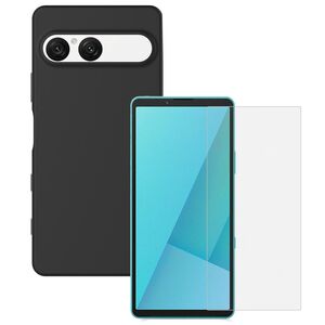 F�r Sony Xperia 10 VII Silikon TPU Schutz H�lle Schwarz + 9H Hart Glas