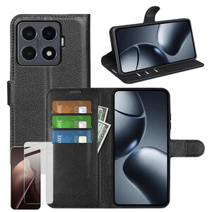 F�r Xiaomi 15T Pro Kunstleder Book Wallet H�lle Schwarz + 9H Hart Glas