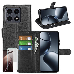 F�r Xiaomi 15T Kunstleder Book Wallet H�lle Schwarz + 9H Hart Glas