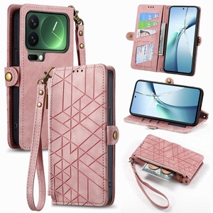 F�r Xiaomi 17 Pro Max Geometric Kunstleder Zipper Book H�lle Rosa