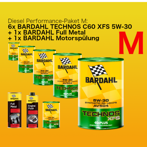 Diesel Performance �lwechselpaket M: 6 x BARDAHL TECHNOS C60 XFS Motor Oil 5W-30  (VW 504.00 - 507.00) + BARDAHL FULL METAL + BARDAHL Motorsp�lung