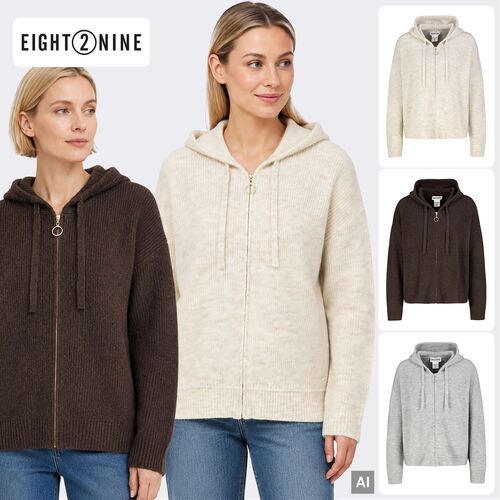 Modische Strickjacke Kapuze Langarm Rei�verschluss