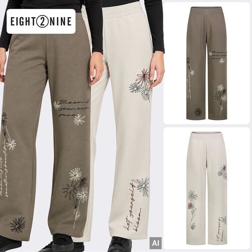 Hose Weites Bein Blumenstickerei Schriftz�ge Rippbund