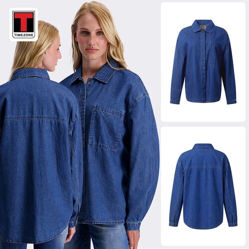 Jeansbluse Hemdkragen Knopfleiste Brusttasche Loose Fit