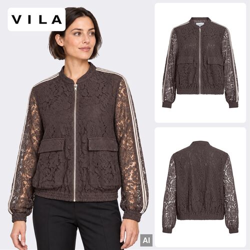 Bomberjacke Florale Spitze Baseballkragen Pattentaschen
