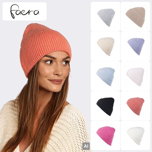 Faera Strickm�tze Beanie Breiter Umschlag Rippstruktur Unifarben