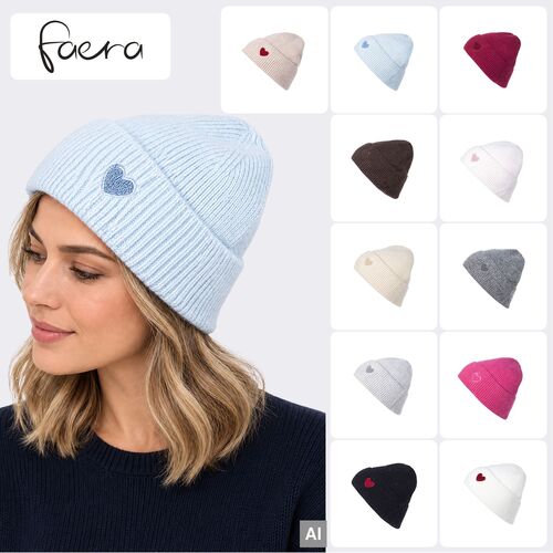 Faera Strickm�tze Beanie Umschlag Herzapplikation Rippstruktur