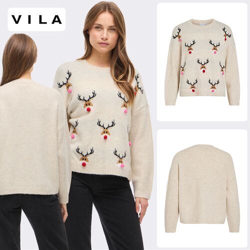 VILA Strickpullover Rentiermotive Rundhals Bommeln Langarm