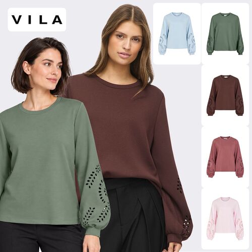 Pullover Rundhalsausschnitt Lochstickerei Ballon�rmel