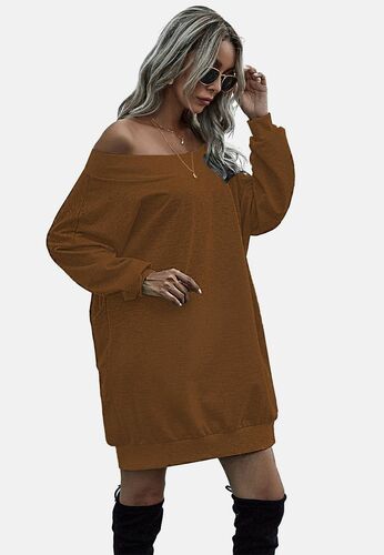 enflame Damen Oversized Long Shirt Off-Shoulder Dress Longsleeve Pullover 