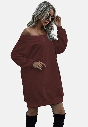 enflame Damen Oversized Long Shirt Off-Shoulder Dress Longsleeve Pullover 