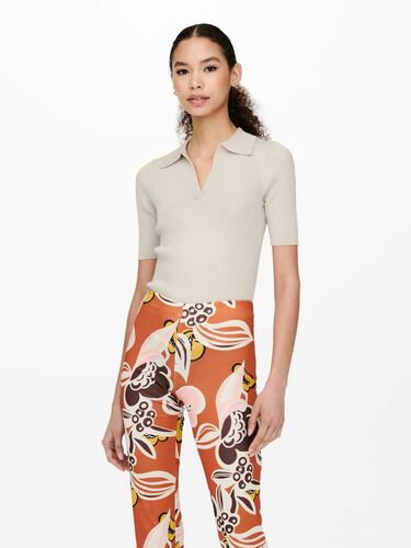 Geripptes Poloshirt Einfarbiges Kurzarm T-Shirt V-Ausschnitt ONLNIMONE 