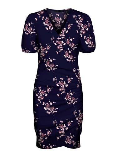 Blusen Kleid Midi Kurzarm Tunika Dress Knielang Gerippt VMELISA 