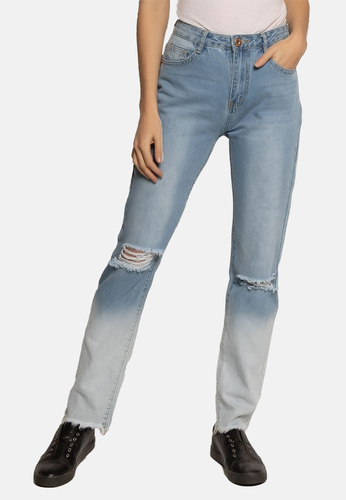 enflame Destroyed Mom Jeans High Waist Straight Denim Hose Farbverlauf Bleached 