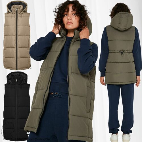 Lange Puffer Weste Wattierte Stepp Jacke ohne �rmel Kapuze & Zip