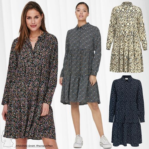 Kurzes Langarm Kleid Gemustert Tunika Falten Bluse R�schen Hemd JDYPIPER