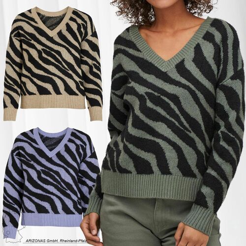 Kuscheliger Strickpullover Zebra Animal Muster V-Neck Sweater VIRIL