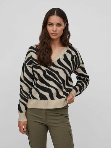 Kuscheliger Strickpullover Zebra Animal Muster V-Neck Sweater VIRIL 