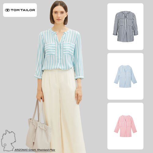 Tom Tailor Gestreifte 3/4 Arm Bluse V-Ausschnitt Business Tunika Top NEU