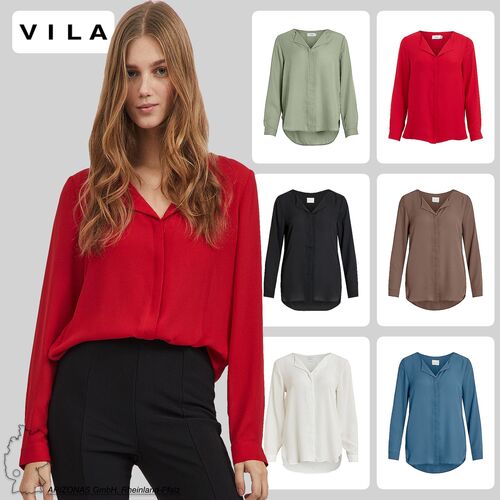 Langarm Business Bluse Schlichtes Shirt Oberteil mit V-Ausschnitt VILUCY