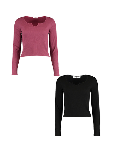 Shirt 2er-Set Figurbetont Rippoptik Langarm 