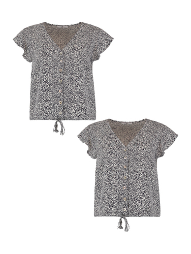 Bluse 2er-Set Kurzarm mit Wellenkante V-Ausschnitt 