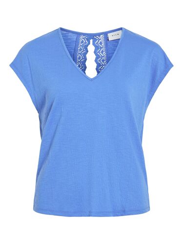 Legeres Blusen Shirt mit Spitzen Details V-Ausschnitt Modisches Kurzarm Top 