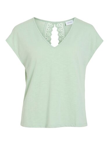 Legeres Blusen Shirt mit Spitzen Details V-Ausschnitt Modisches Kurzarm Top 