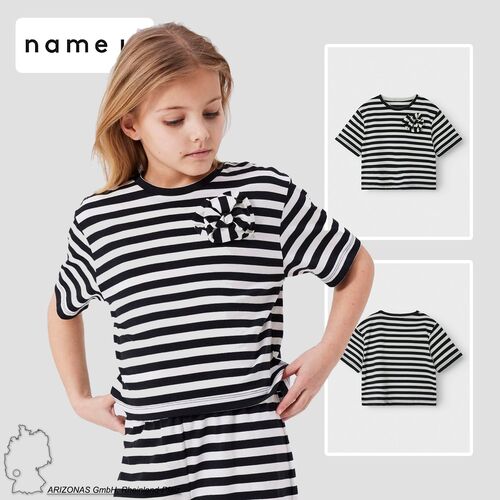 T-Shirt Kurzarm gestreift mit Schleife Rundhals