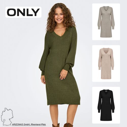 Strickkleid Midi-L�nge V-Ausschnitt Ballon�rmel