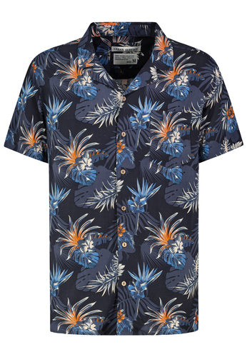 Viskose Kurzarm-Hemd mit abstraktem Tropical Design Muster 