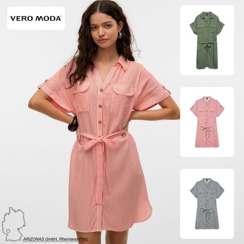 Gestreiftes Kurzarm-Hemd-Kleid mit Taillenbindung