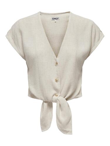 Leinenoptik Kurzarm Bluse mit Knopfleiste und Knoten 