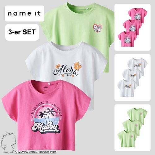 3er-SET T-Shirt mit Motiv Print Kurzarm Crop Top Rundhals