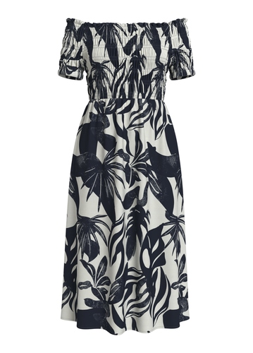 Gebl�mtes Off-Shoulder Midi-Kleid mit Raffung 