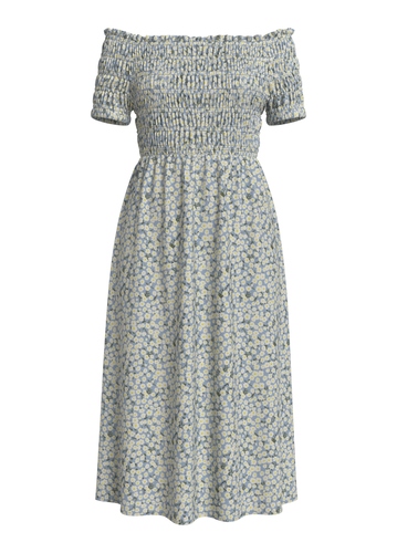 Gebl�mtes Off-Shoulder Midi-Kleid mit Raffung 