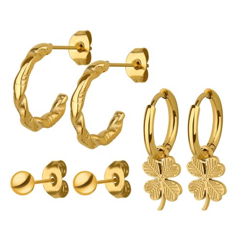 Edelstahl Ohrring-Set mit Kleeblatt und Struktur 
