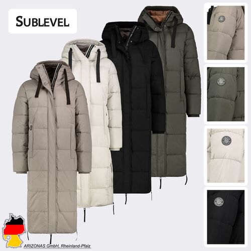 Langer gesteppter Mantel mit Kapuze und Taschen