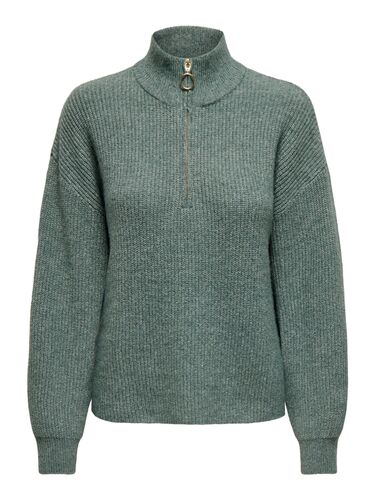 Gerippter Pullover mit Stehkragen und Rei�verschluss-Detail 