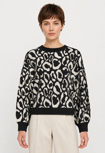 Leopardenmuster Strickpullover Rundhalsausschnitt 
